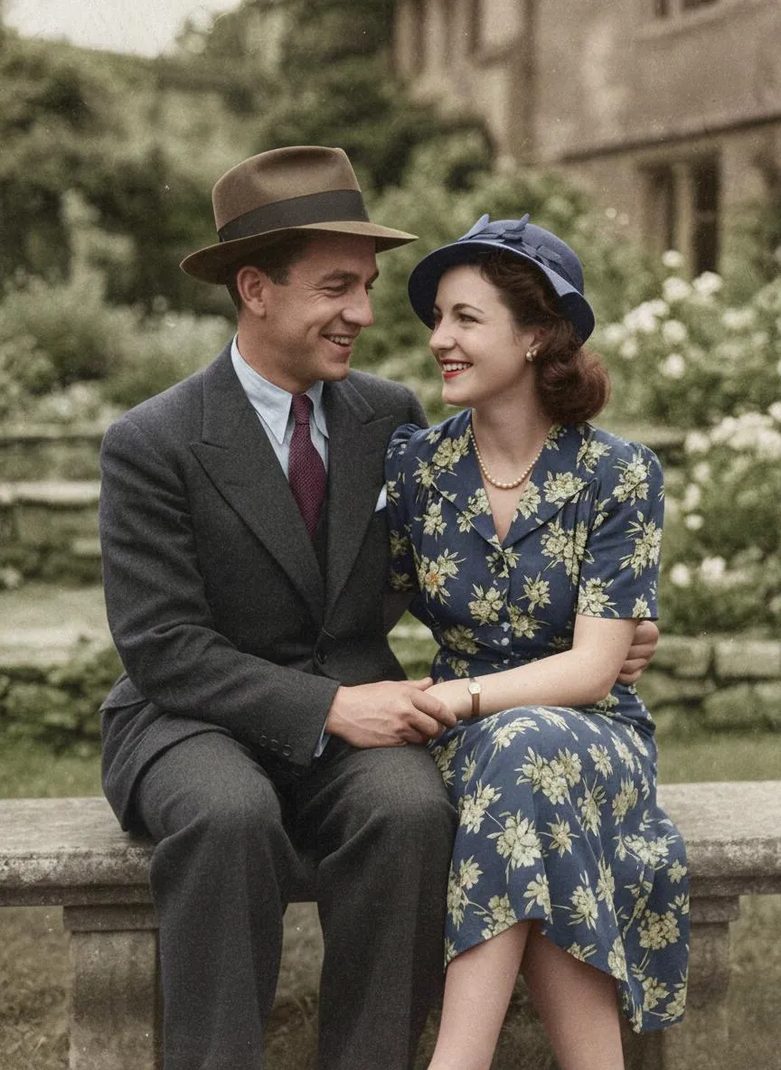 The same couple colorized, the man in a dark grey suit and brown fedora and the woman in a navy floral dress and blue hat