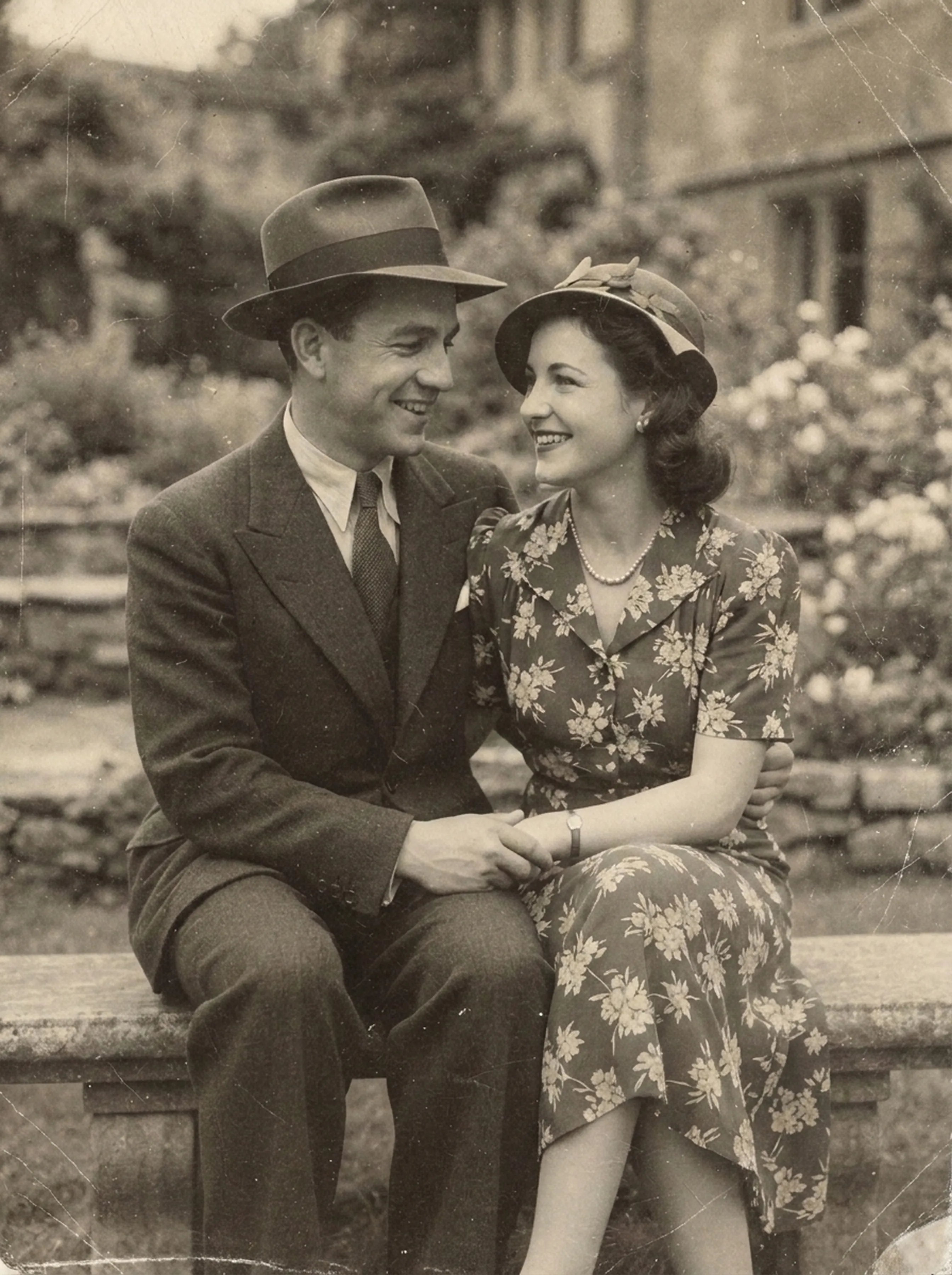 Faded sepia photo of a couple sitting on a stone bench in a garden