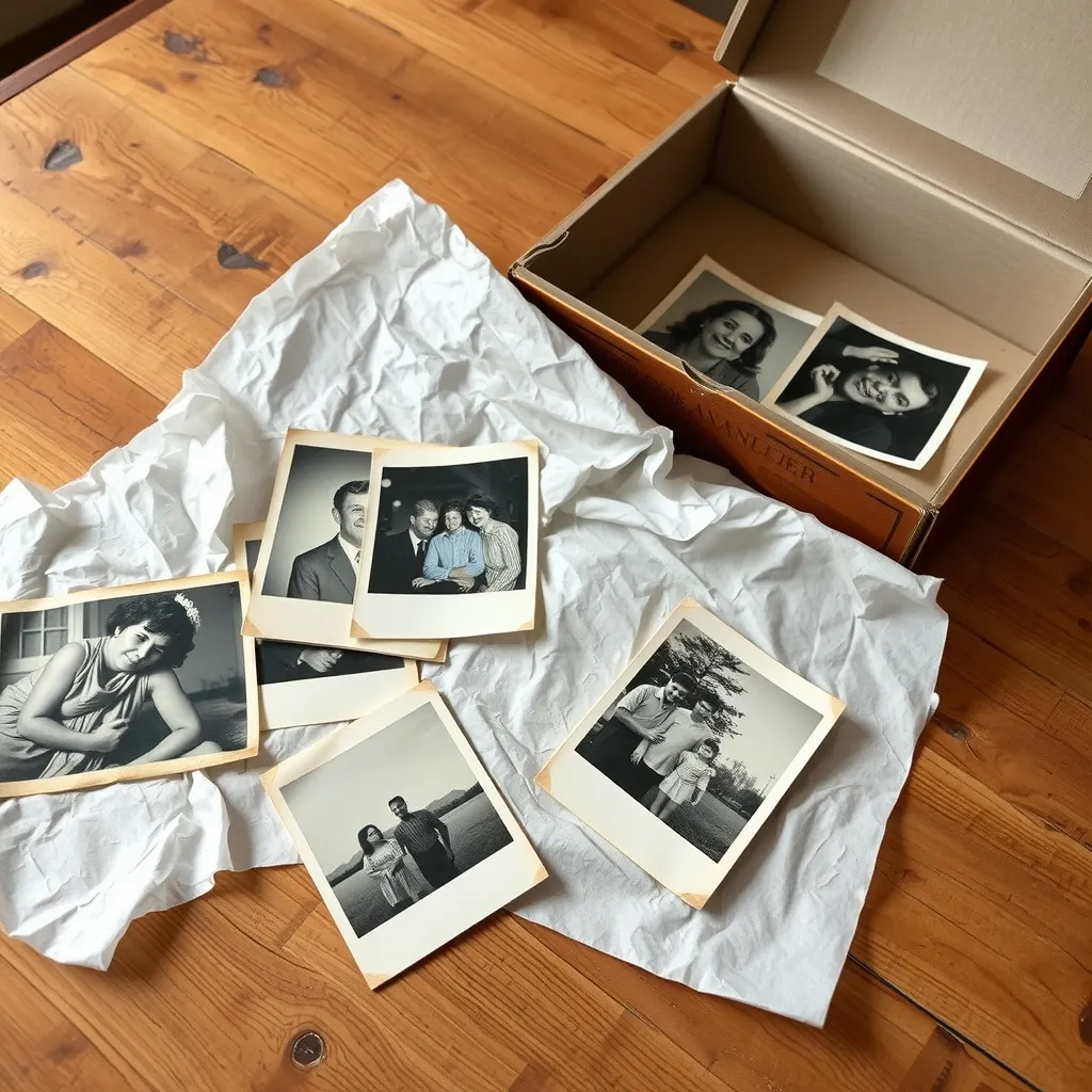 Loose old family prints resting on sheets of tissue next to an open archival box on a wooden table in soft daylight