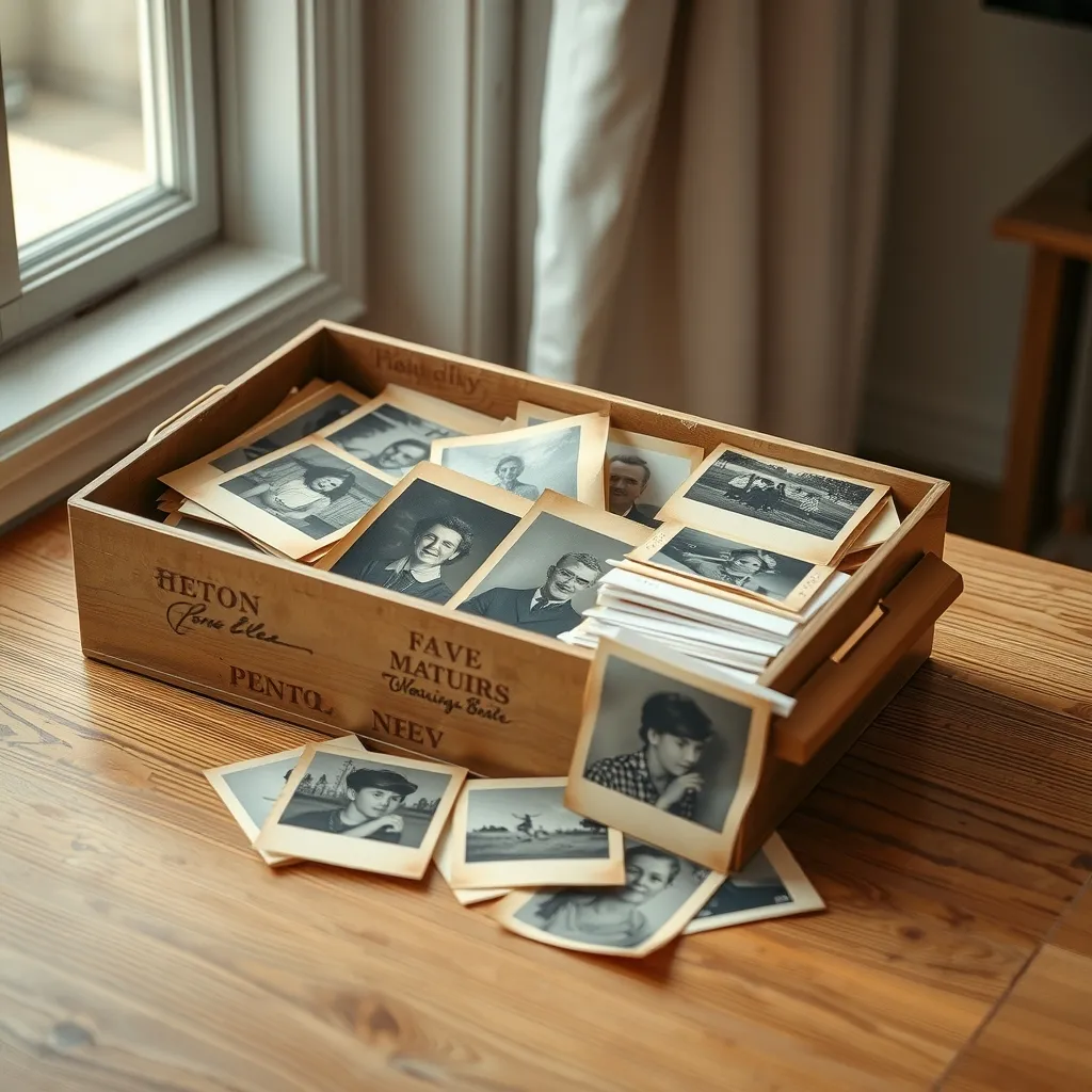 A shoebox of faded family prints and loose snapshots resting on a wooden table in soft window light
