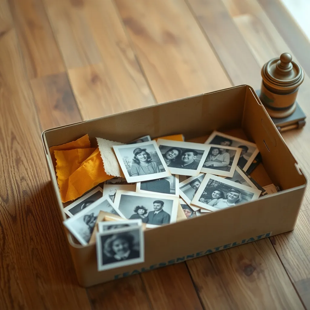 A shoebox of faded, yellowed family prints and loose snapshots spread across a wooden table in soft daylight